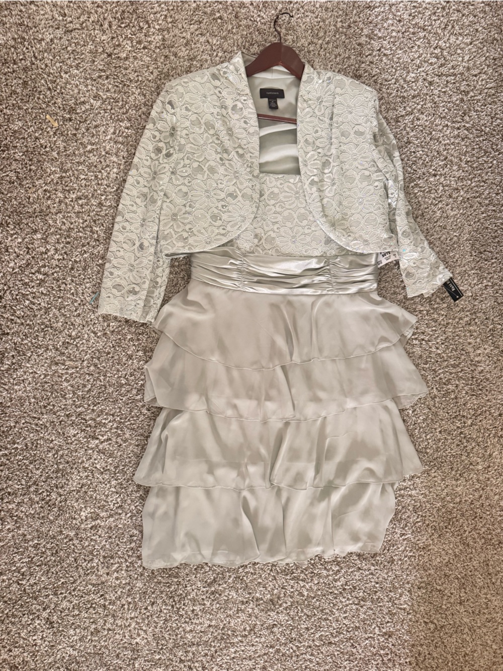 Silk-Look Ivory Ruffled Cocktail Dress with Lace Jacket